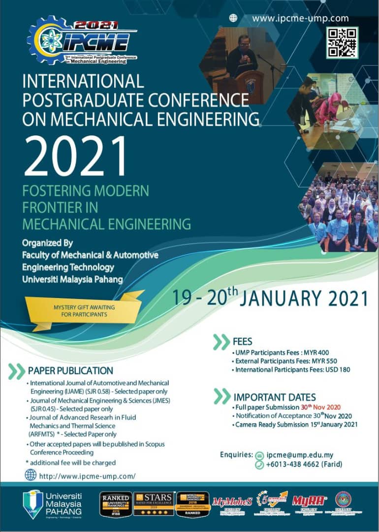 International Postgraduate Conference On Mechanical Engineering 2021 - Fostering Modern Frontier In Mechanical Engineering 
